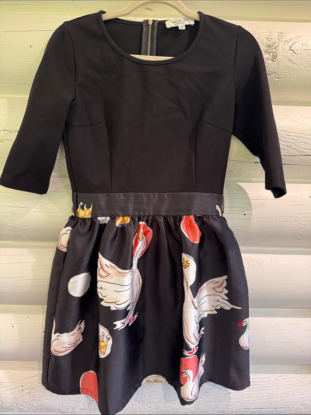 Fit & Flare Black Dress with Swan Print Skirt